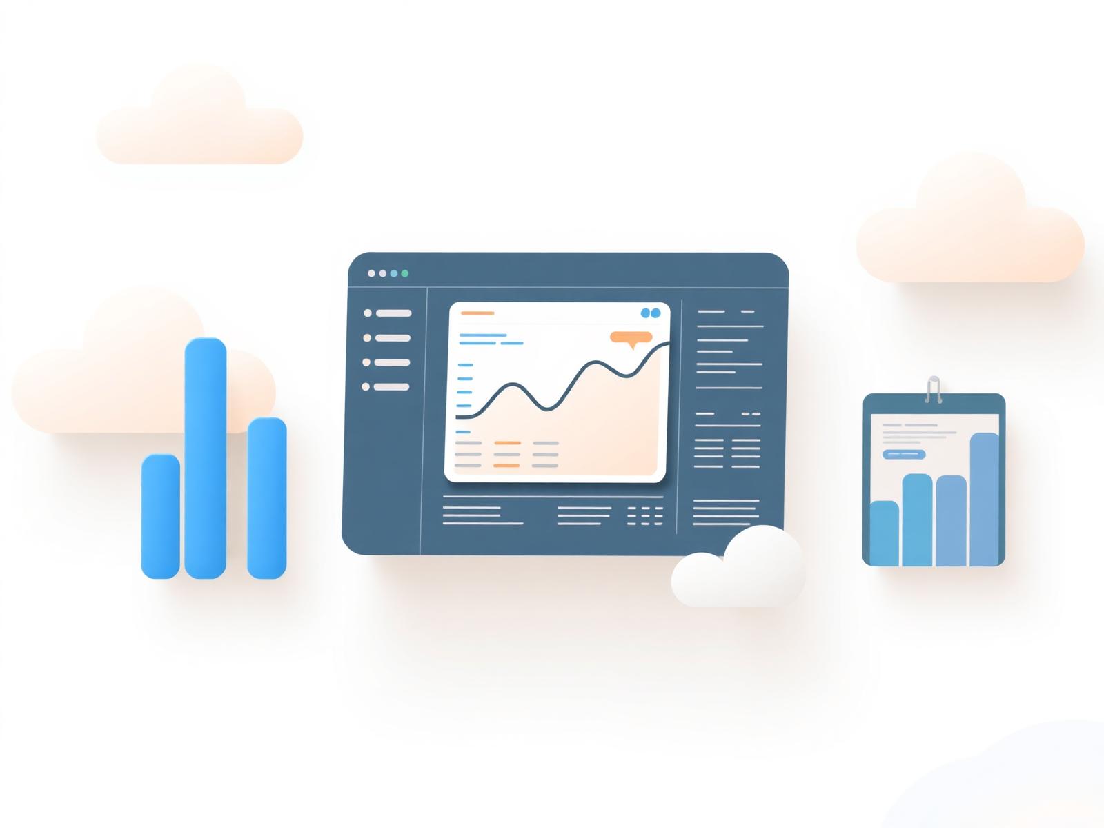 Illustration of a business dashboard with spreadsheets and a website mockup floating in soft clouds